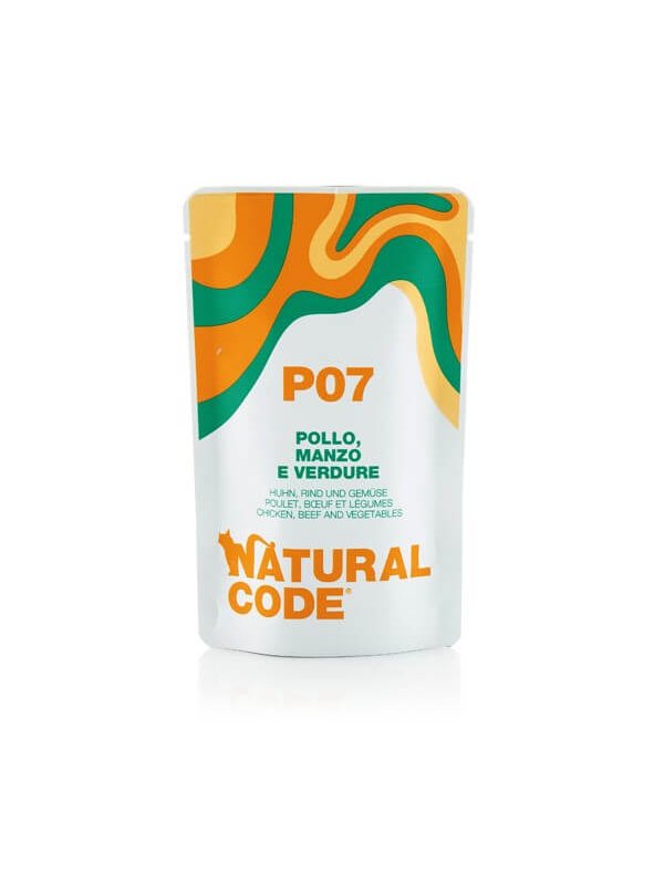 Natural Code Busta P07 Pollo, Manzo e Verdure 70g umido gatto