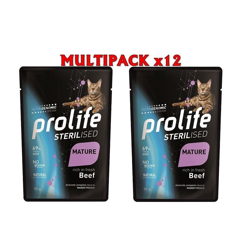 Prolife Sterilised Mature Manzo 85g umido gatto Multipack x12