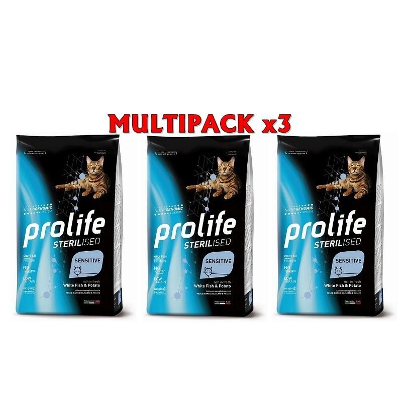 Prolife Sterilised Cat Pesce Bianco e Patate 7kg Nutrigenomic crocchette gatto Multipack x3