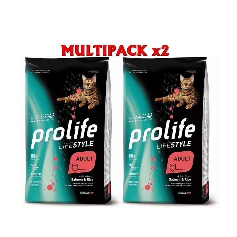 Prolife Salmone e Riso Adult Cat 7kg Nutrigenomic crocchette gatto Multipack x2