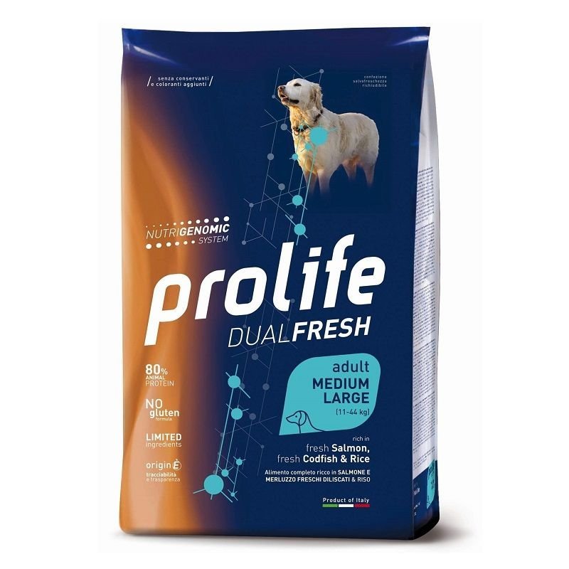 Prolife Salmone Merluzzo e riso Medium Large 12kg Nutrogenomic crocchette cane