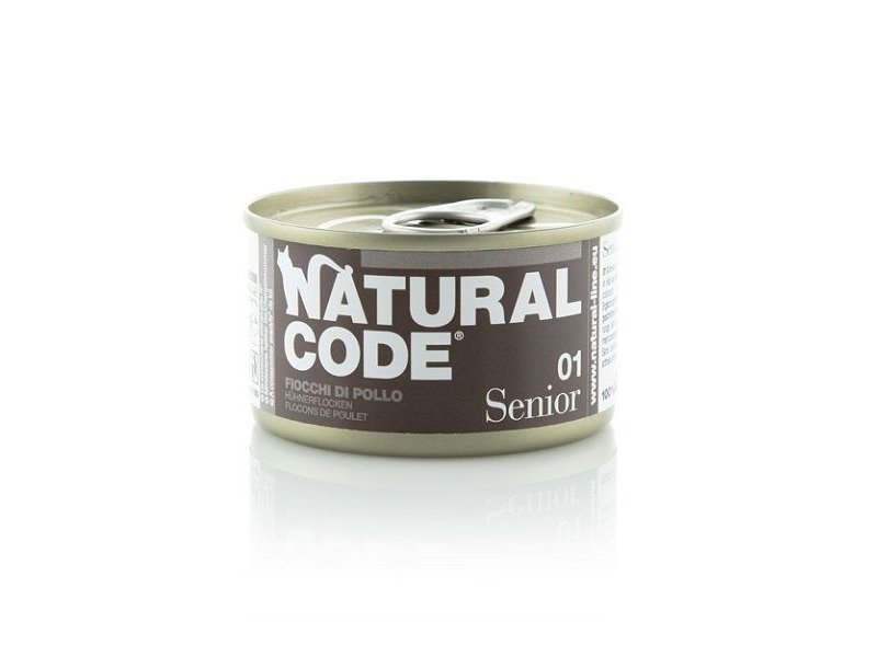 Natural Code Senior 01 Fiocchi di Pollo e Riso 85g umido gatto