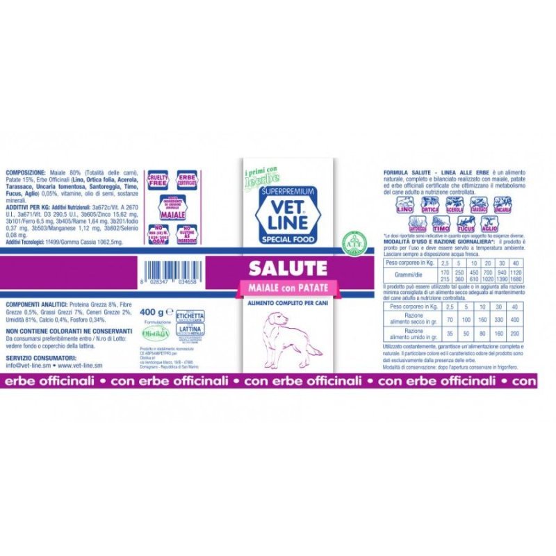 Vet Line Salute Maiale e Patate 400g umido cane