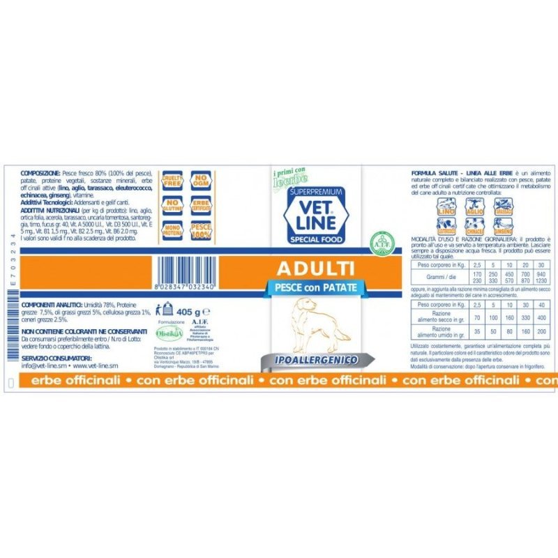 Vet Line Adulti Pesce e Patate 400g umido cane