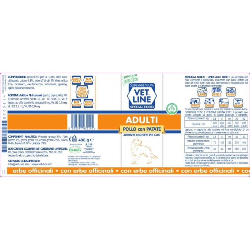 Vet Line Adulti Pollo e Patate 400g umido cane