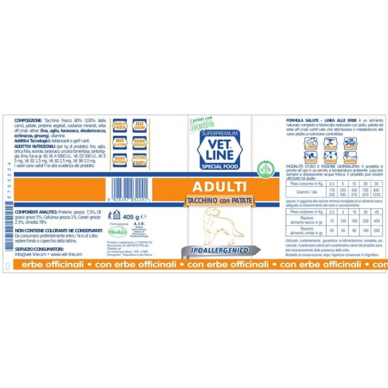 Vet Line Adulti Tacchino e Patate 400g umido cane