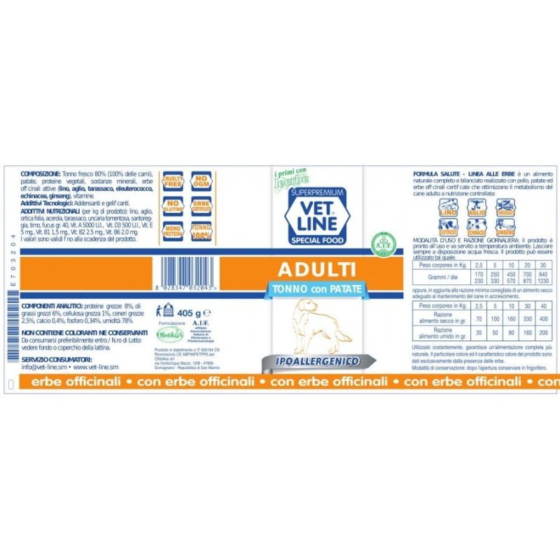 Vet Line Adulti Tonno e Patate 400g umido cane