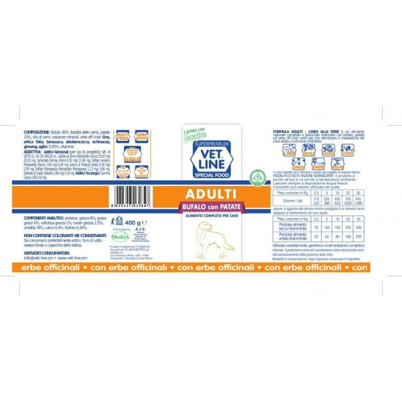 Vet Line Adulti Bufalo e Patate 400g umido cane