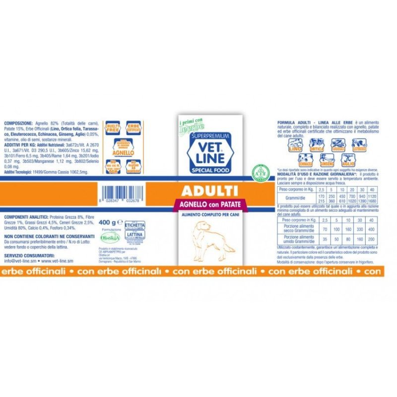 Vet Line Adulti Agnello e Patate 400g umido cane