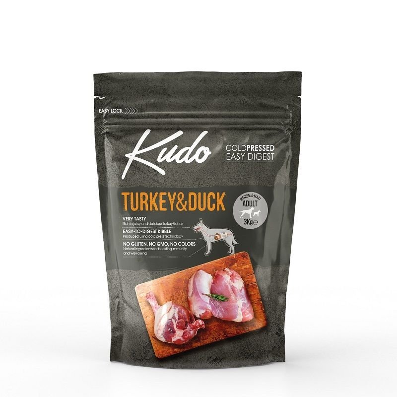 Kudo Adult Tacchino e Anatra 3kg Medium Maxi pressato a freddo per cani