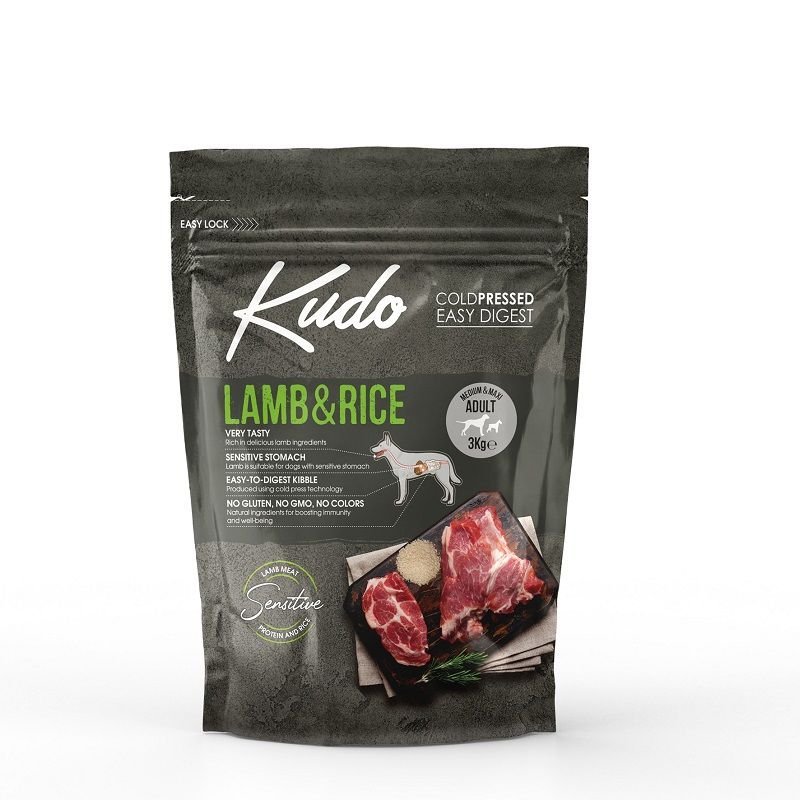 Kudo Adult Agnello 3kg Medium Maxi pressato a freddo per cani