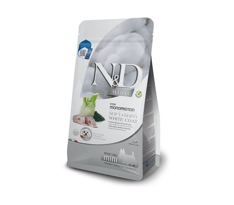 N&D White Coat Mini Spigola 1,5kg crocchette per cane con manto bianco