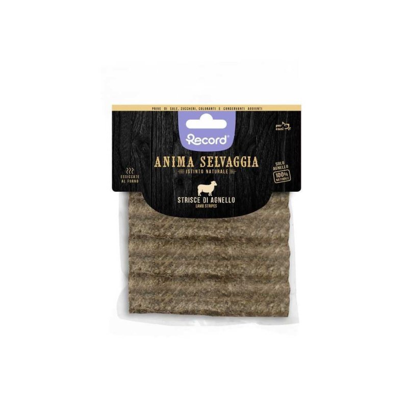 Record Anima Selvaggia Strisce di carne essiccata 100% Agnello 75g snack per cani