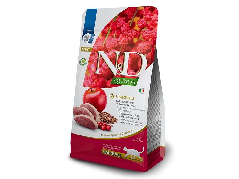 N&D Hairball Anatra, Quinoa, Mela e Mirtillo Rosso 1,5kg Grain Free crocchette gatto