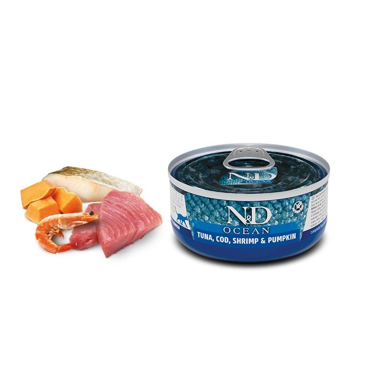 N&D Adult Tonno, Merluzzo, Gamberetto e Zucca 80g Grain Free umido gatto