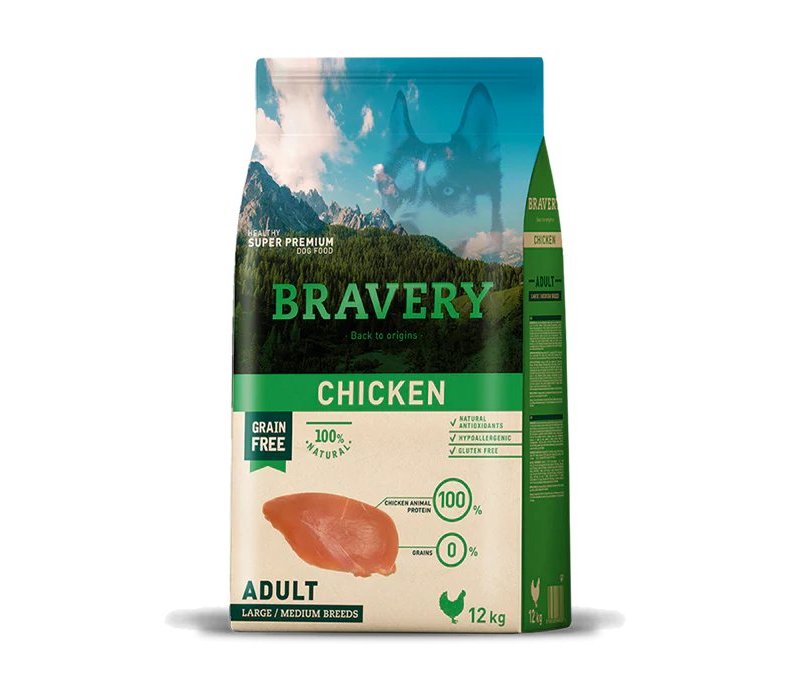 Bravery Adult Chicken Medium Large 12kg crocchette cane grain free