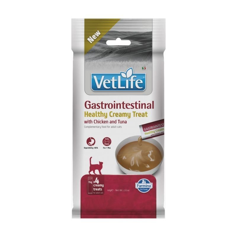 Vet Life Cat Gastrointestinal Creamy Treat con Pollo e Tonno 4 x 15 g snack veterinario per gatti