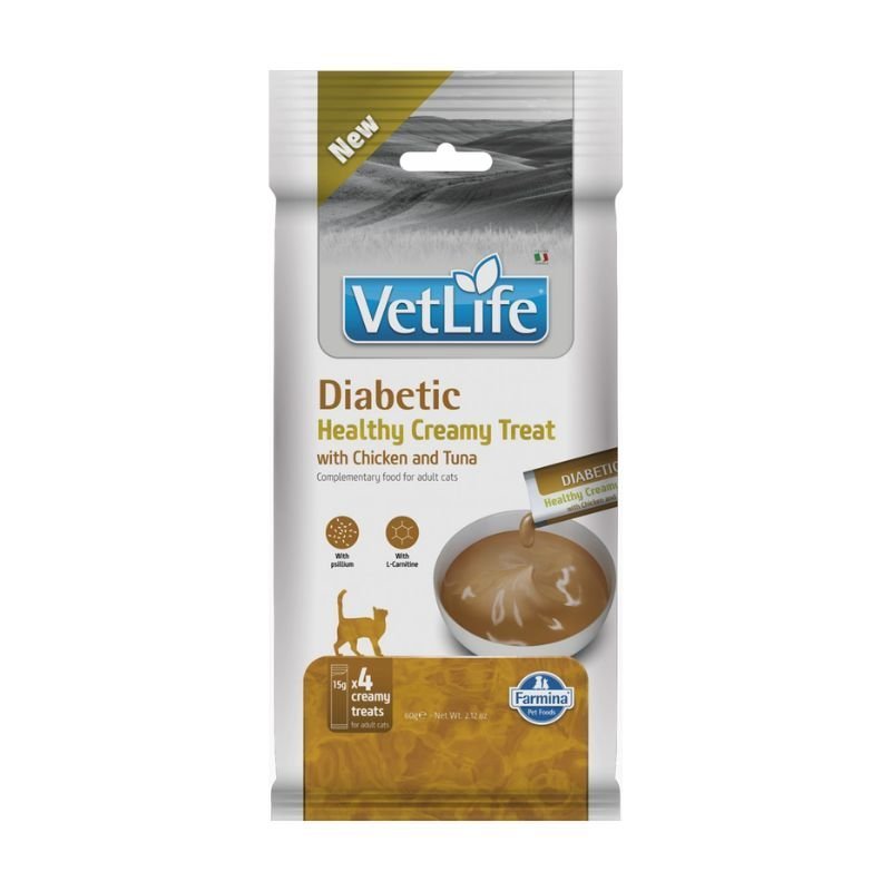 Vet Life Cat Diabetic Creamy Treat con Pollo e Tonno 4 x 15 g snack veterinario per gatti