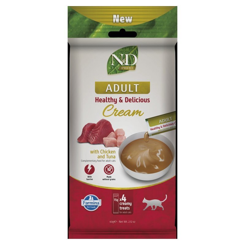 N&D Prime Cat Adult Cream con Pollo e Tonno 4 x 15 g snack gatto