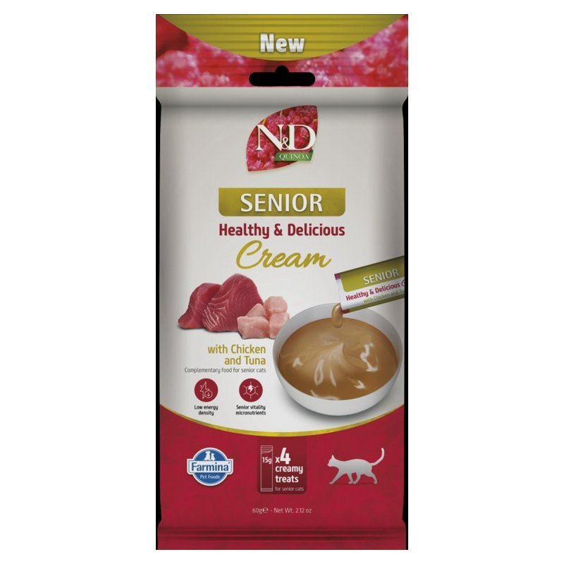 N&D Quinoa Cat Senior Cream con Pollo e Tonno 4 x 15 g snack gatto