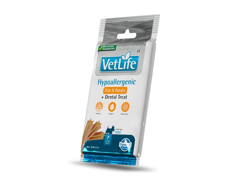 Vet Life Dental Treat Hypoallergenic Fish Mini 60g snack ipoallergenico cane