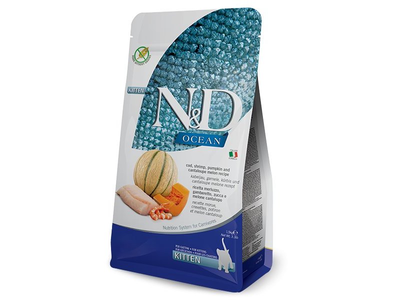 N&D Kitten Merluzzo, Gamberetto, Zucca e Melone Grain Free crocchette gattino
