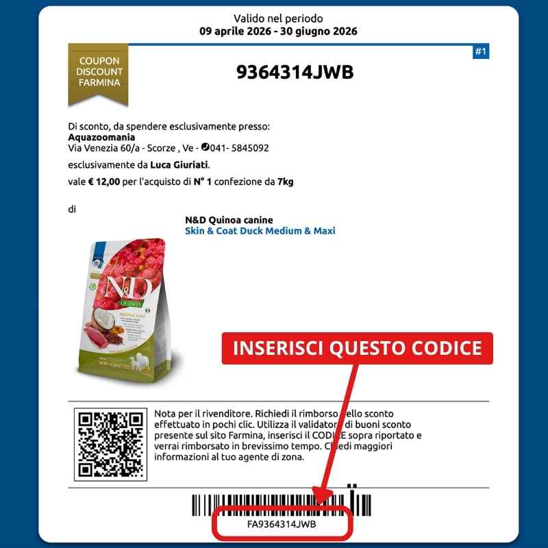 Coupon Farmina con evidenziato il codice da inviare